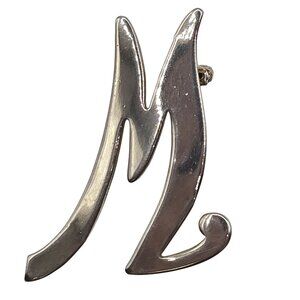 Vtg Script Letter "M" Pin Brooch Silver Tone Monogram Initial Gift Keepsake Name